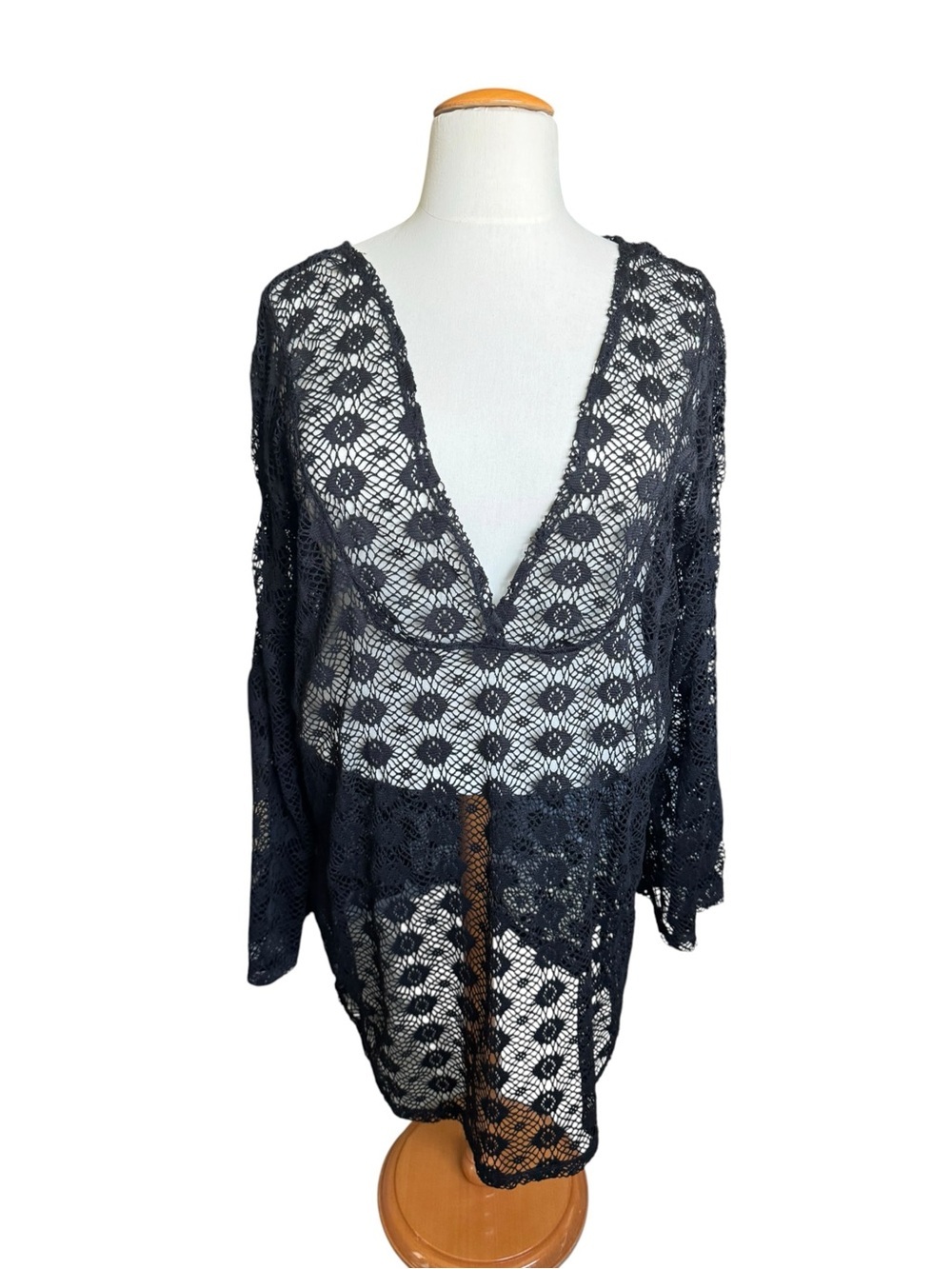 J Valdi Black Crochet Lace Tunic Cover Up 3X Boho Beach Resort Sheer P56